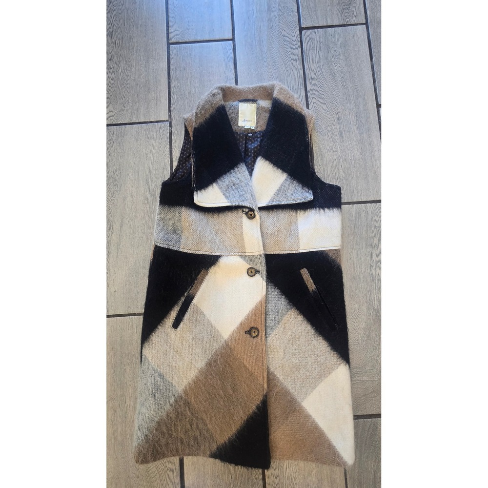 Elevenses Anthropologie Plaid Wool Blend Long Vest Coat Black Cream Tan Small